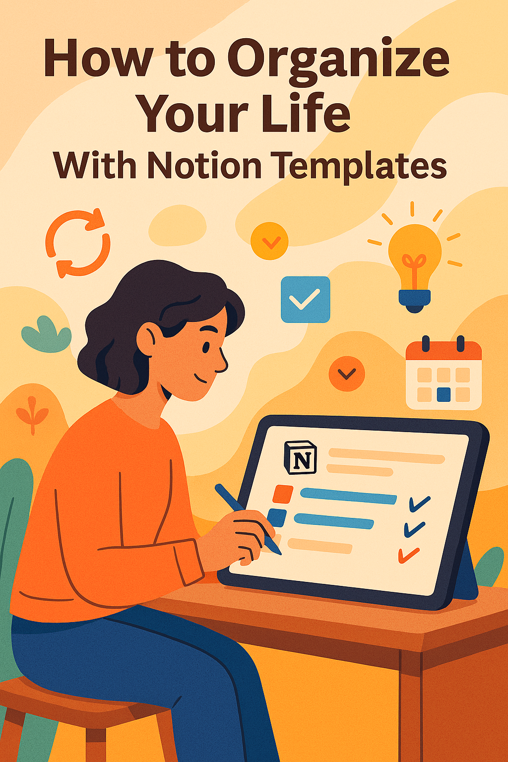 How to organize your life with Notion templates illustration  Notion productivity dashboard blog cover  Digital planning illustration for Notion