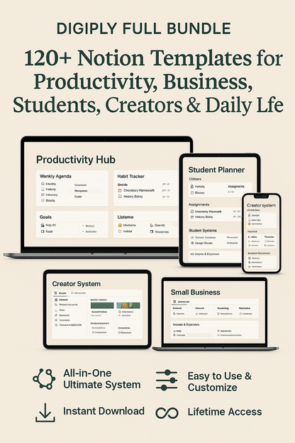 Digiply Full Bundle – 120+ Notion Templates for Productivity, Business, Students, Creators & Daily Life (All-in-One Ultimate System)